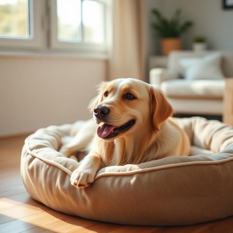 Cachorro feliz descansando em uma caminha confortável