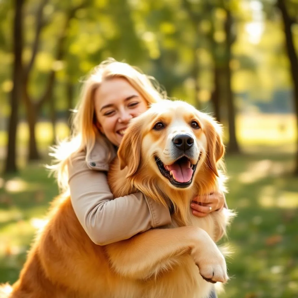 Tutora abraçando seu golden retriever
