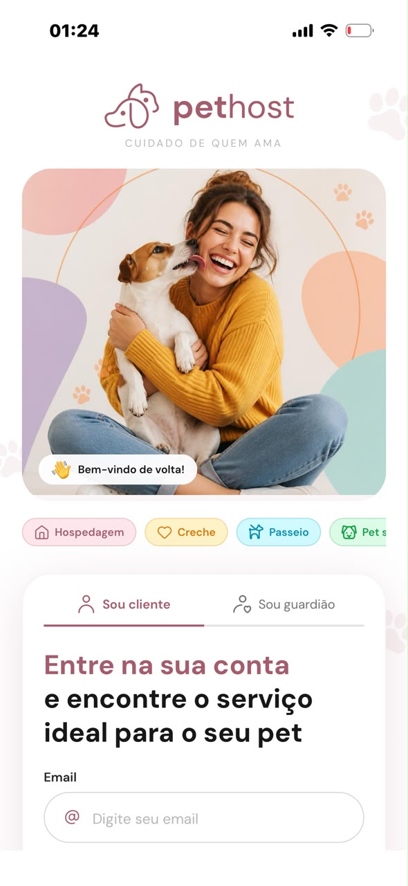 Tela de entrada do app PetHost com login para tutor e guardião