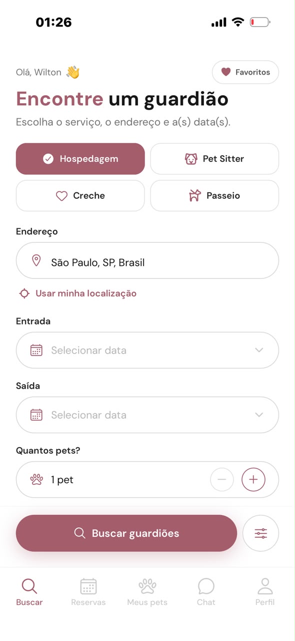 Tela de busca do app PetHost com serviços, endereço, datas e número de pets