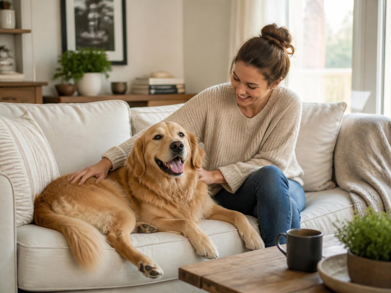 Tutora em casa no sofá com seu cachorro golden retriever, cuidado familiar PetHost